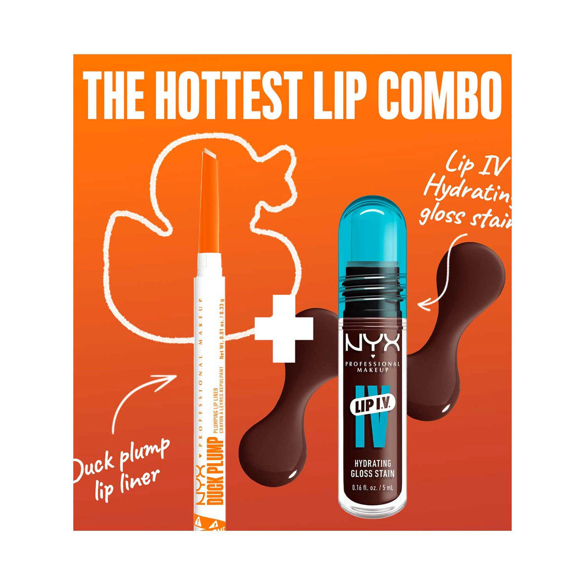 NYX Professional Makeup Wet Shot IV Mocha Me Wet Lip Stain & Duck Plump Liner Clear Bundle
