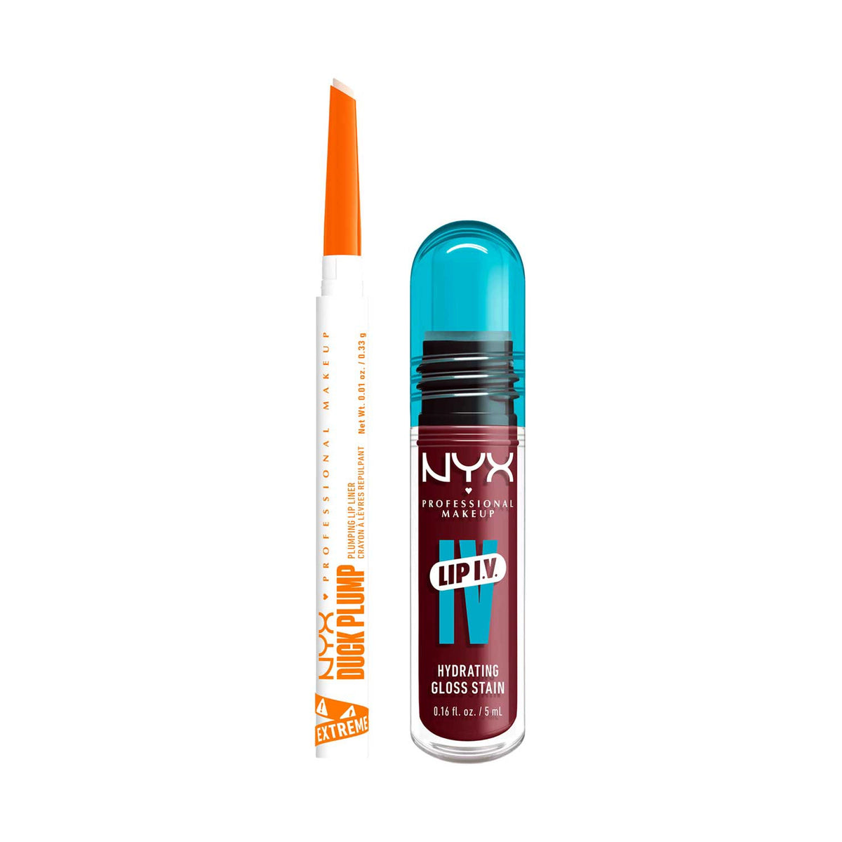 NYX Professional Makeup Wet Shot IV Drippin in Rose Lip Stain & Duck Plump Liner Clear Bundle