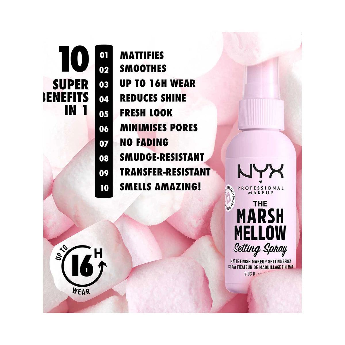 NYX Professional Makeup Setting Spray, Marshmellow Matte Setting Spray, Up to 16H Wear, - 60 ml