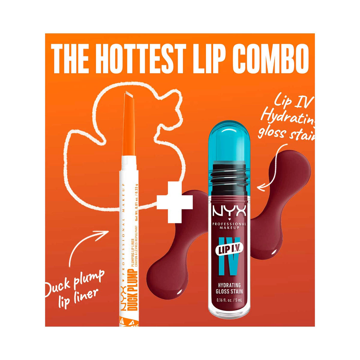 NYX Professional Makeup Wet Shot IV Drippin in Rose Lip Stain & Duck Plump Liner Clear Bundle
