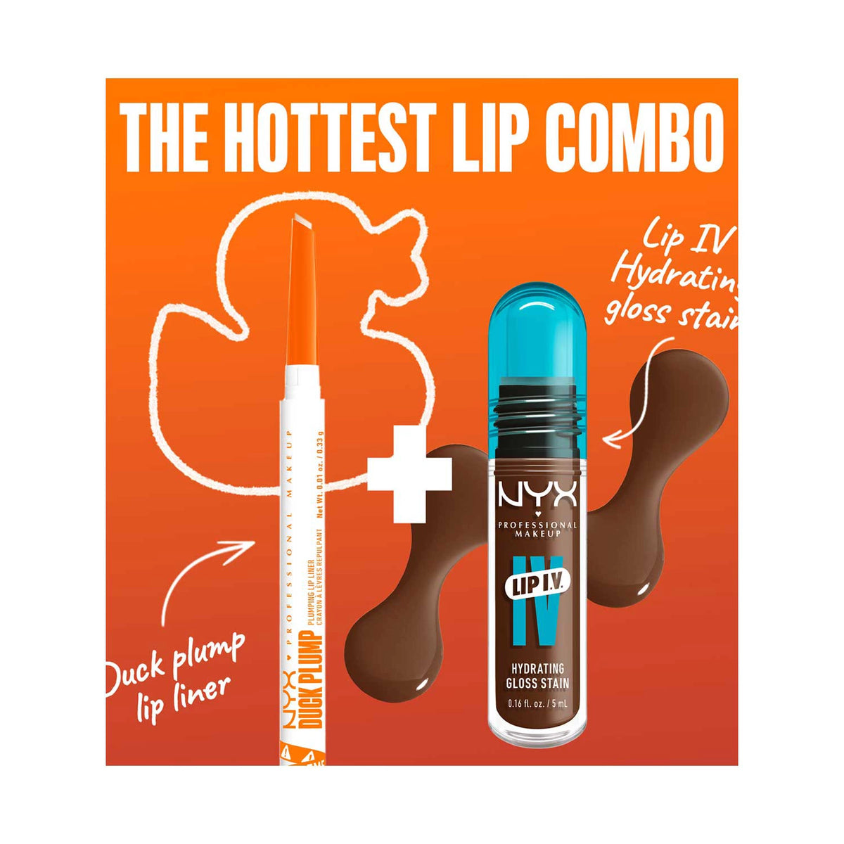 NYX Professional Makeup Wet Shot IV Splash N Spice Lip Stain & Duck Plump Liner Clear Bundle